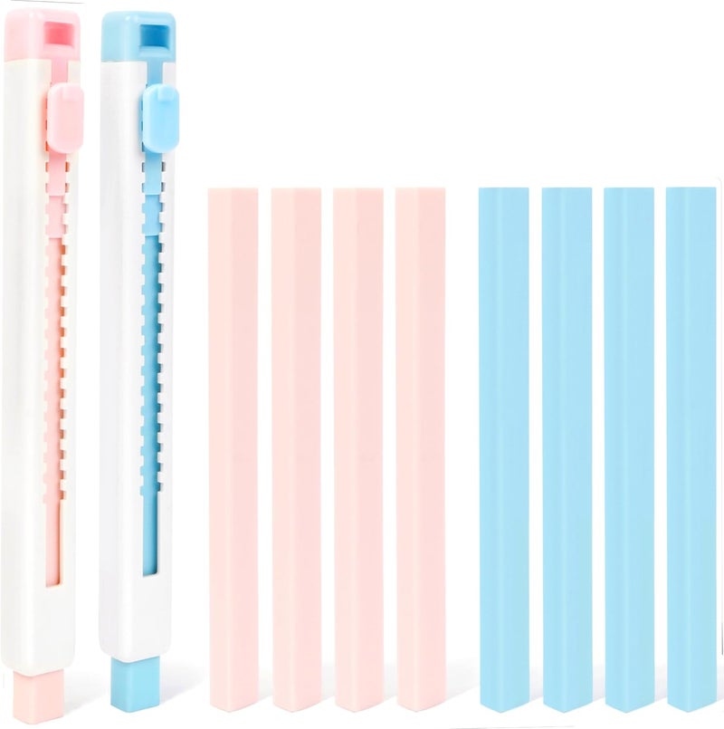 Smilo 10 Pcs Retractable Mechanical Pencil Erasers - Push-Pull Sliding Eraser Pens for Drawing, School & Art, No Mess TPE Erasers for Artists (2 Colors+8 Refills) - Image 1